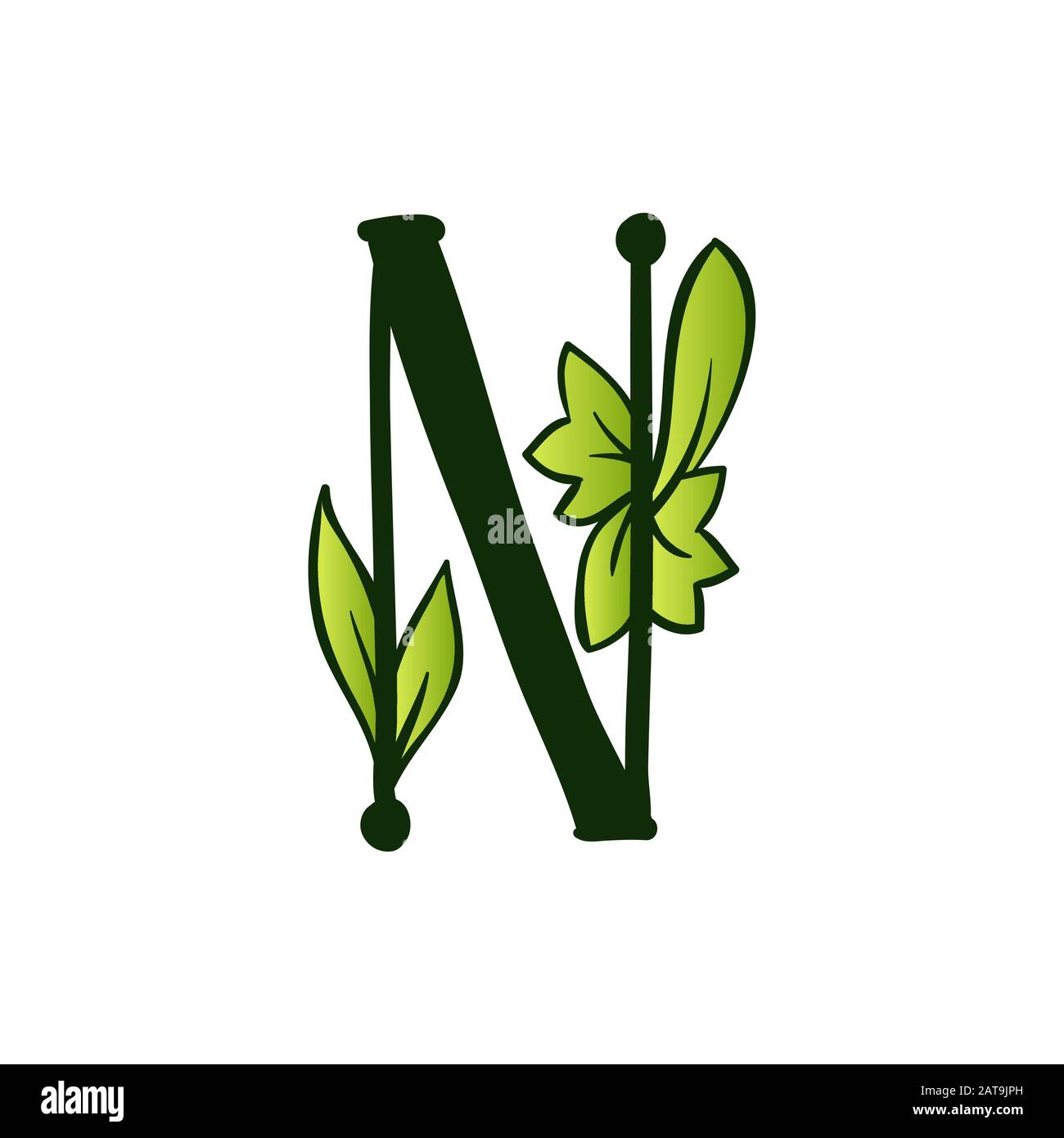 Eco Alphabet Lettre N.Type À Feuilles. Majuscules Latines Isolées. Typographie caractères gras de la lettre de printemps ou de l'abc de Doodle pour Les Mots et le logo du monogramme. Illustration de Vecteur
