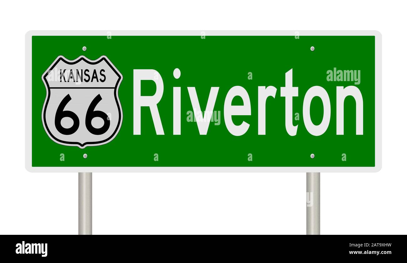 Affichage d'un panneau d'autoroute en relief vert pour Riverton Kansas sur la route 66 Banque D'Images