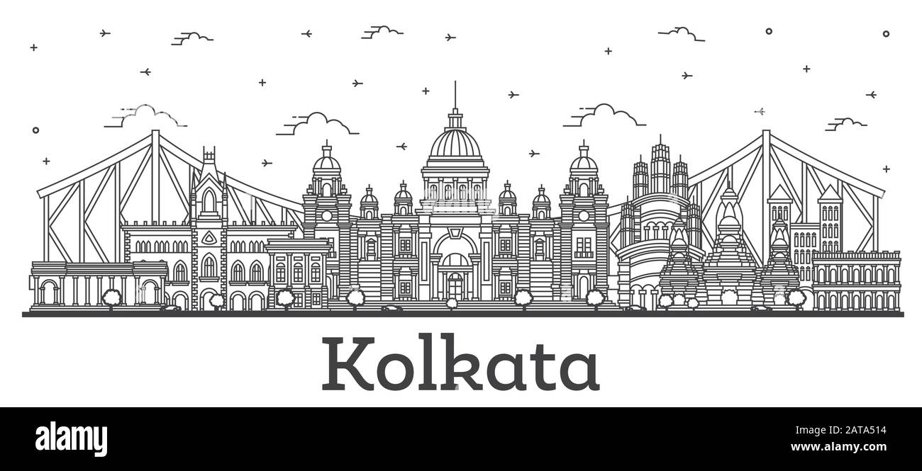 Contours Kolkata India City Skyline Avec Bâtiments Historiques Isolés Sur Blanc. Illustration Vectorielle. Kolkata Cityscape Avec Des Monuments. Illustration de Vecteur