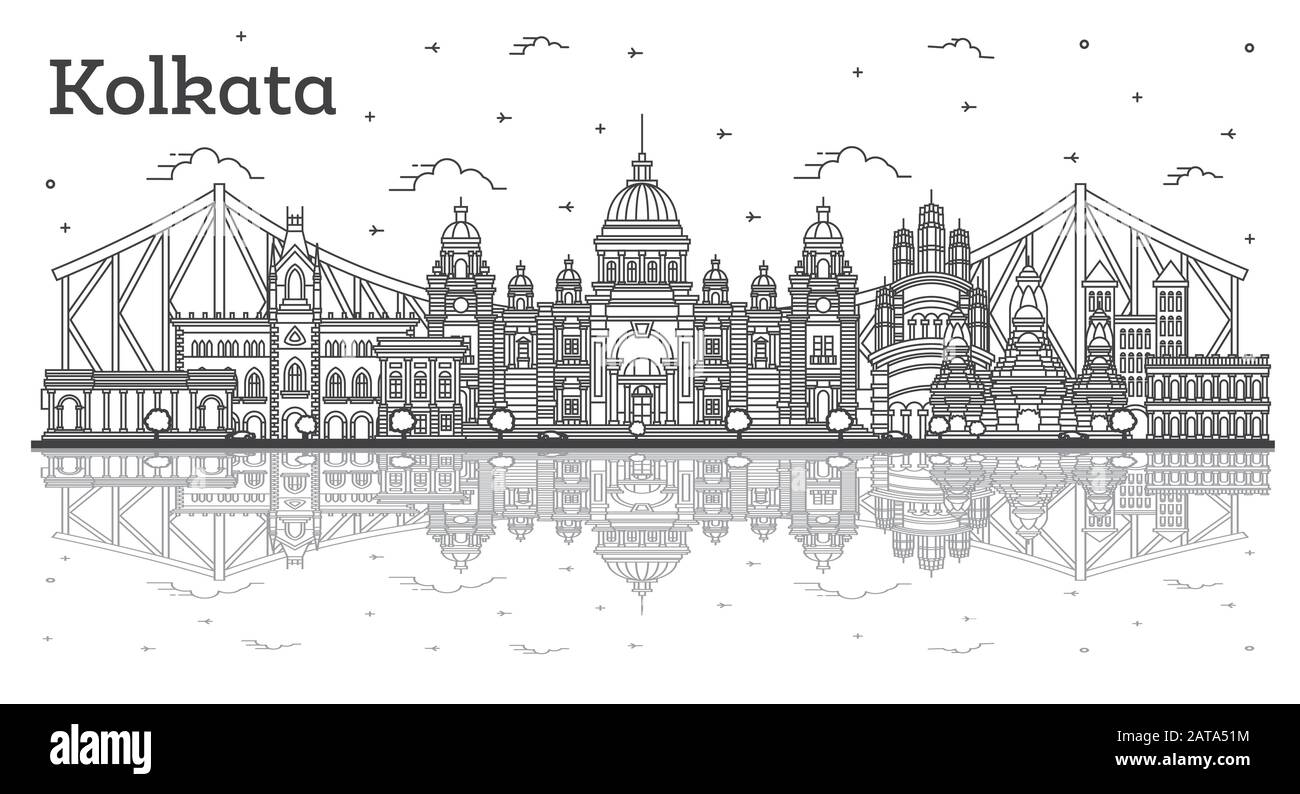Aperçu Kolkata India City Skyline Avec Bâtiments Historiques Et Réflexions Isolées Sur Le Blanc. Illustration Vectorielle. Kolkata Cityscape Avec Des Monuments. Illustration de Vecteur