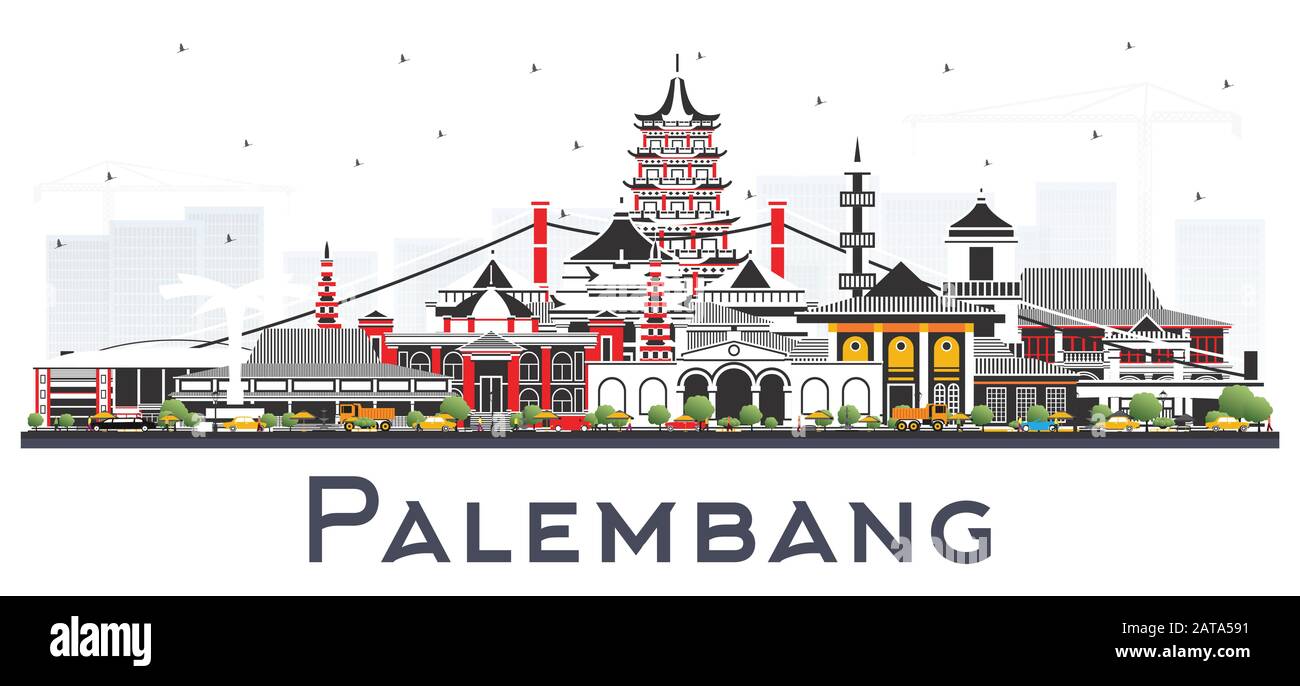 Palembang Indonesia City Skyline Avec Bâtiments Gris Isolés Sur Blanc. Illustration Vectorielle. Illustration de Vecteur