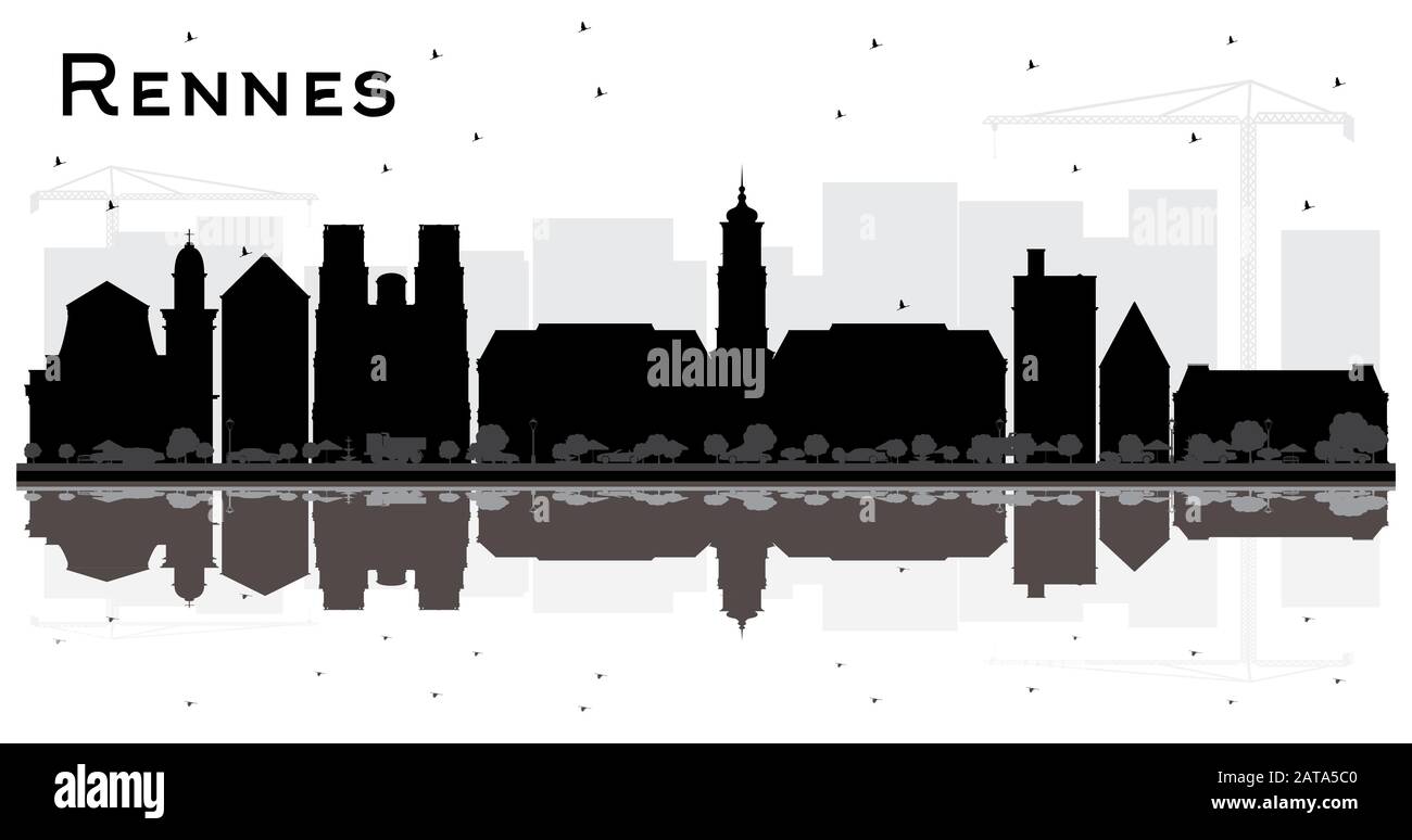 Rennes France Ville Skyline Silhouette Avec Bâtiments Noirs Et Réflexions Isolées Sur Blanc. Illustration Vectorielle. Illustration de Vecteur