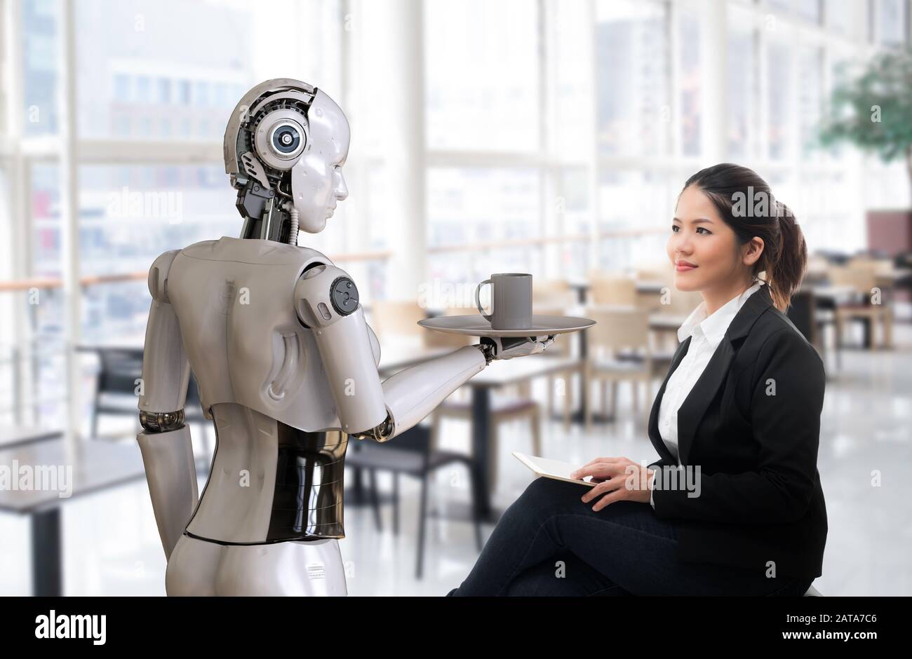 Concept de restaurant automatisé avec robot serveur à rendu tridimensionnel servir une tasse de café Banque D'Images