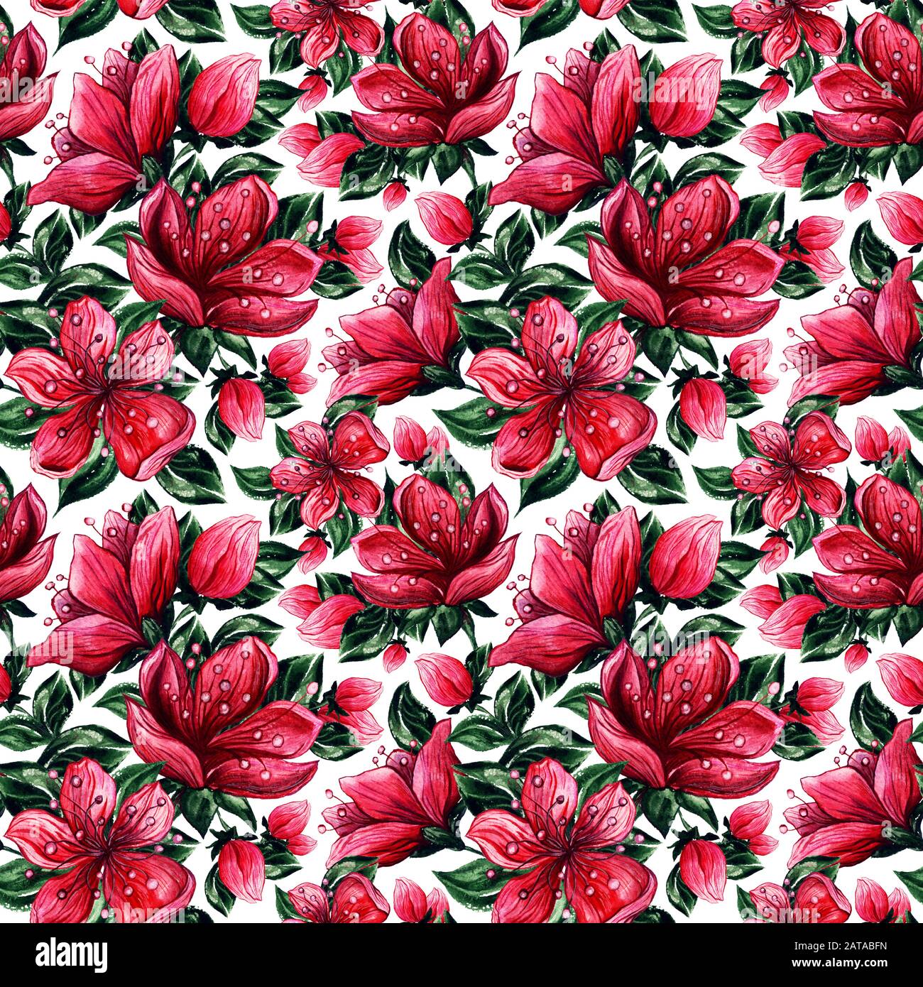 Cerise japonaise ou sakura rouge. Dessins floraux roses. Motif aquarelle sans couture pour le tissu textile ou le papier peint Banque D'Images