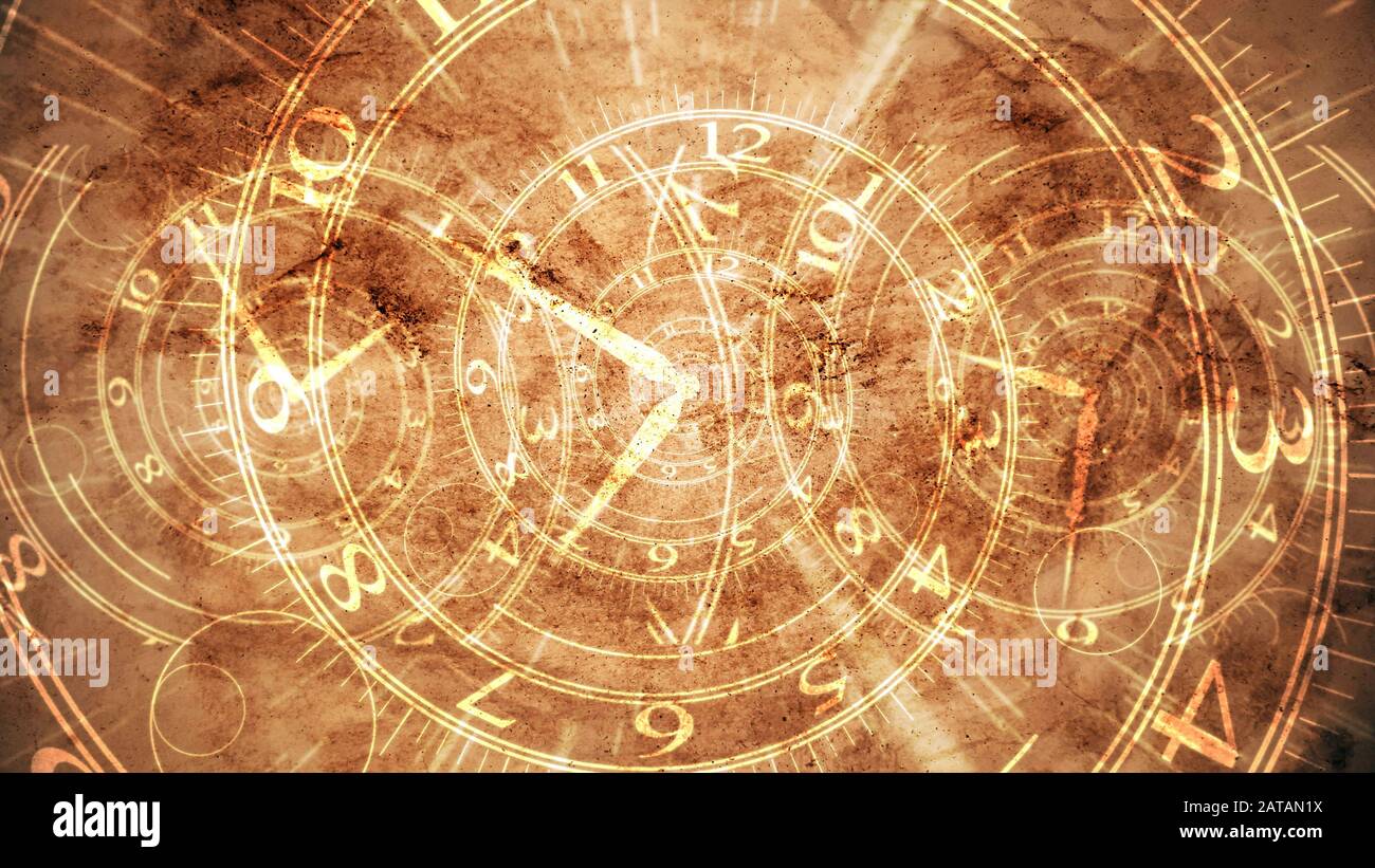 Illustration passionnante de trois anciennes horloges en spirale avec des chiffres arabes dorés imposés sur un pergament brun clair. Certains anciens symboles sont également visibles. Banque D'Images
