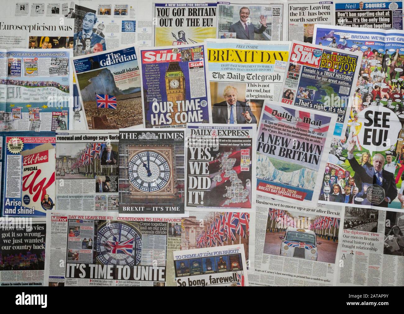 Les pages de présentation des journaux britanniques faisant état de la sortie de la Grande-Bretagne de l'Union européenne après près de quatre ans de négation. Banque D'Images