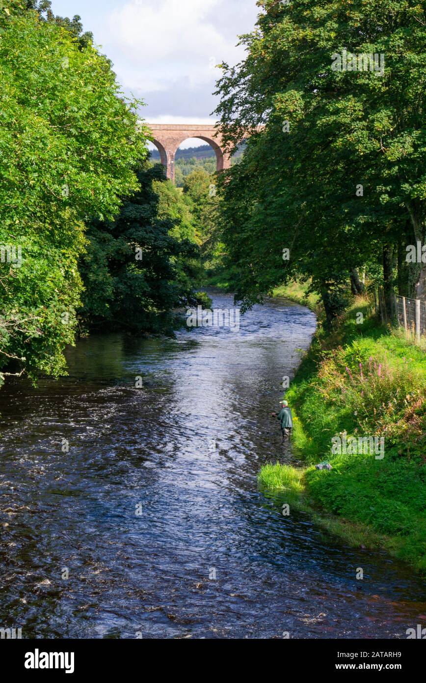 Pêcheur de mouche dans la rivière Nairn dans les Highlands écossais d'Inverness-shire Ecosse Royaume-Uni Banque D'Images