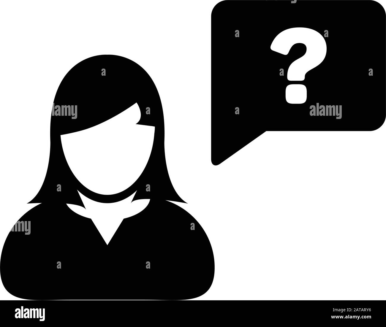 Icône de point d'interrogation vecteur profil de la personne féminine avatar avec symbole de bulle de parole pour la discussion et l'information dans un pictogramme de glyphe à couleur plate Illustration de Vecteur