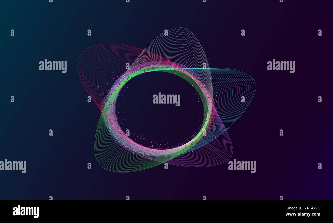 Particules abstraites utilisant des éléments de conception. Une vague de nombreuses lignes violettes entoure l'anneau. Bandes ondulées abstraites sur un vecteur foncé Illustration de Vecteur