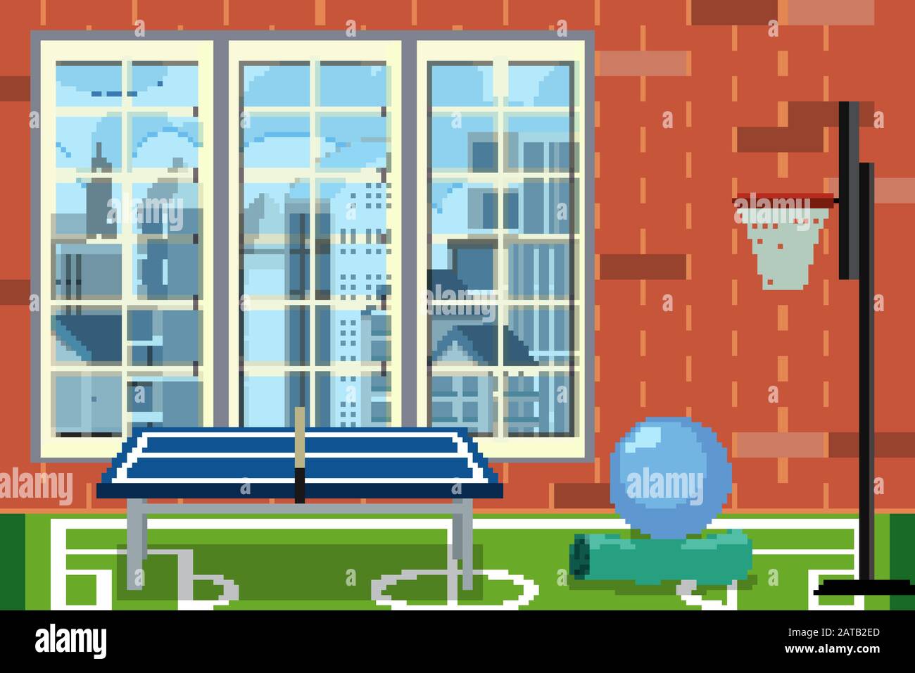 Salle de loisirs dans le bâtiment avec table de ping-pong et illustration de basket-ball Illustration de Vecteur