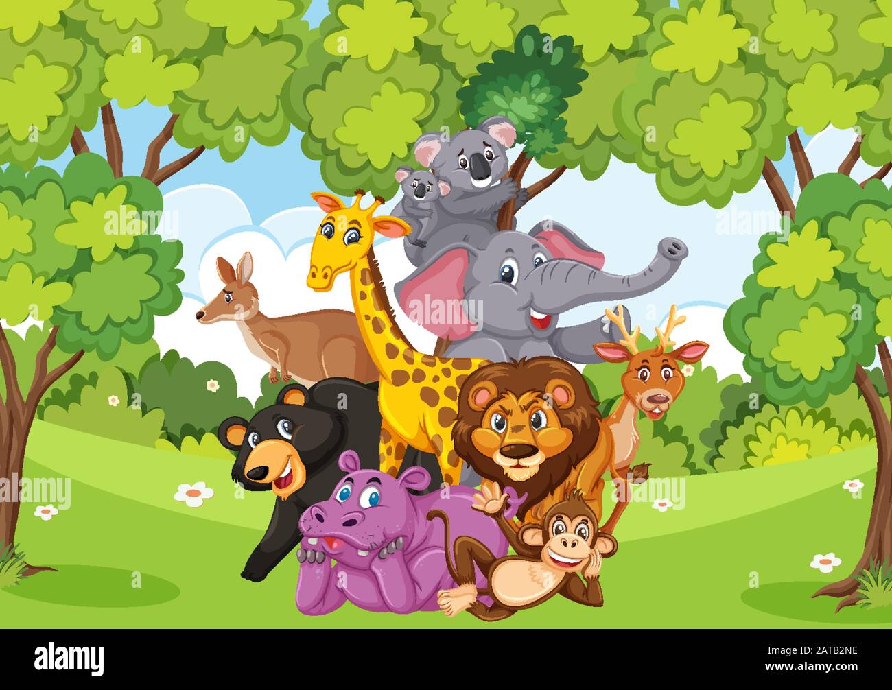 Scène avec de nombreux animaux sauvages dans l'illustration de la forêt Illustration de Vecteur