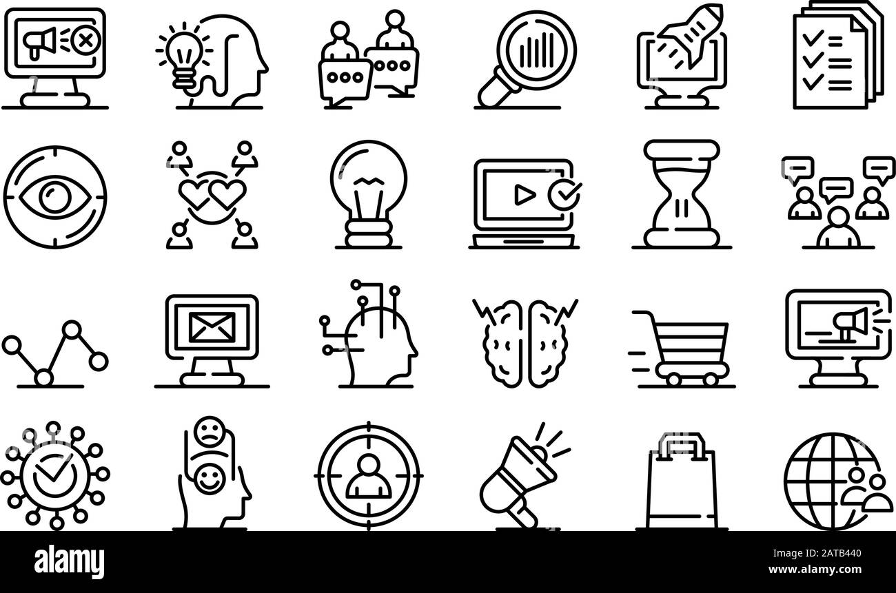 Jeux d'icônes Neuromarketing, style de contour Illustration de Vecteur