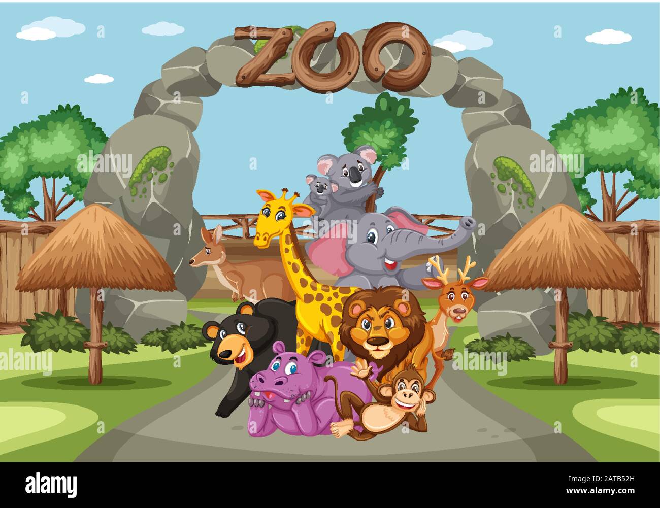 Scène avec des animaux sauvages dans le zoo à l'heure de la journée illustration Illustration de Vecteur