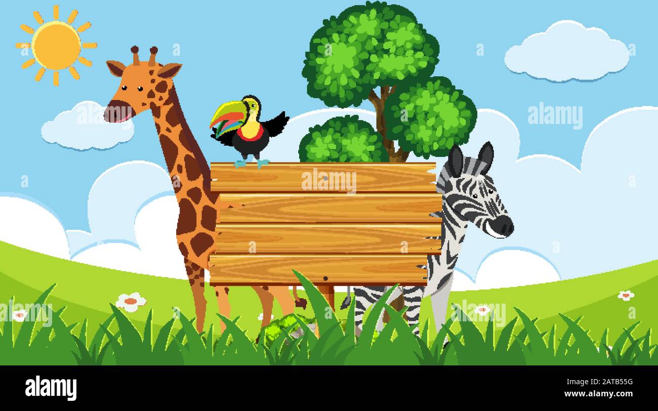 Planche en bois avec animaux sauvages dans l'illustration d'arrière-plan Illustration de Vecteur