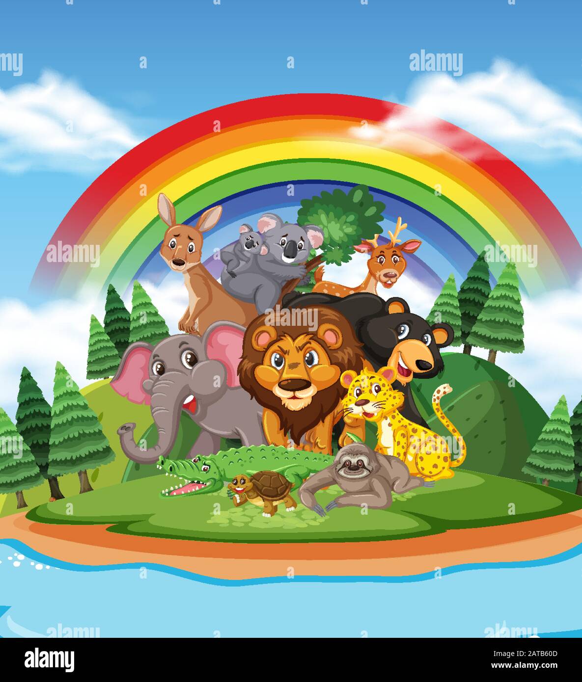 Scène avec de nombreux animaux sauvages dans l'illustration du parc Illustration de Vecteur