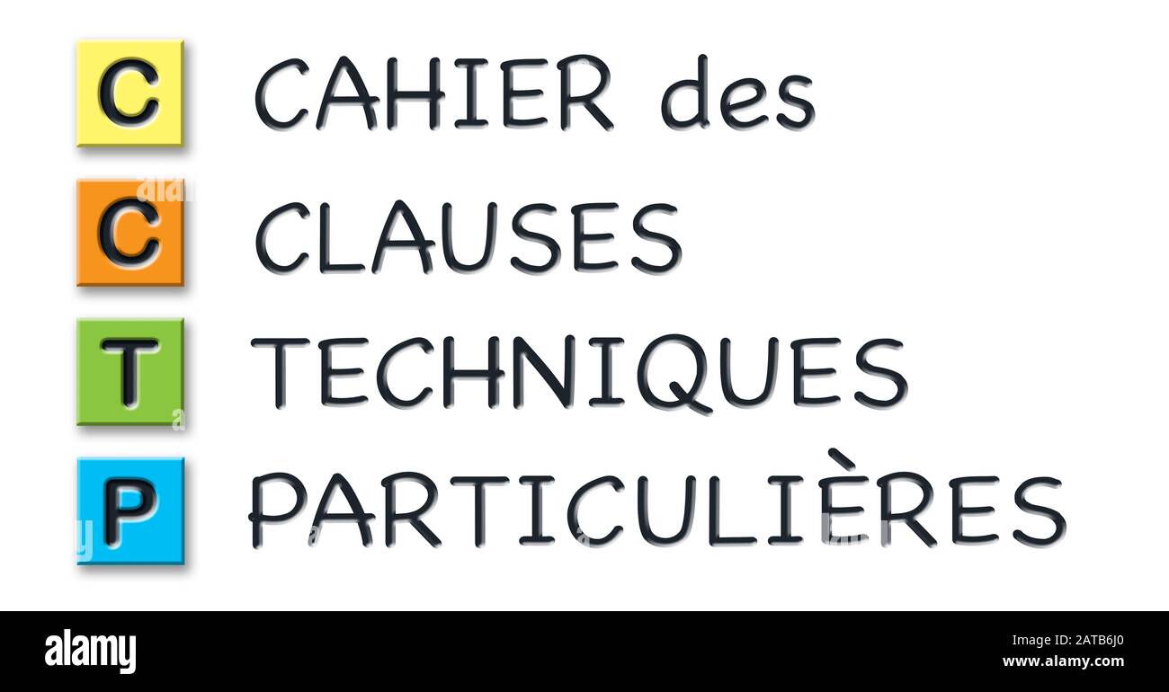 Initiales CCTP en cubes tridimensionnels de couleur avec une signification tridimensionnelle en français Banque D'Images