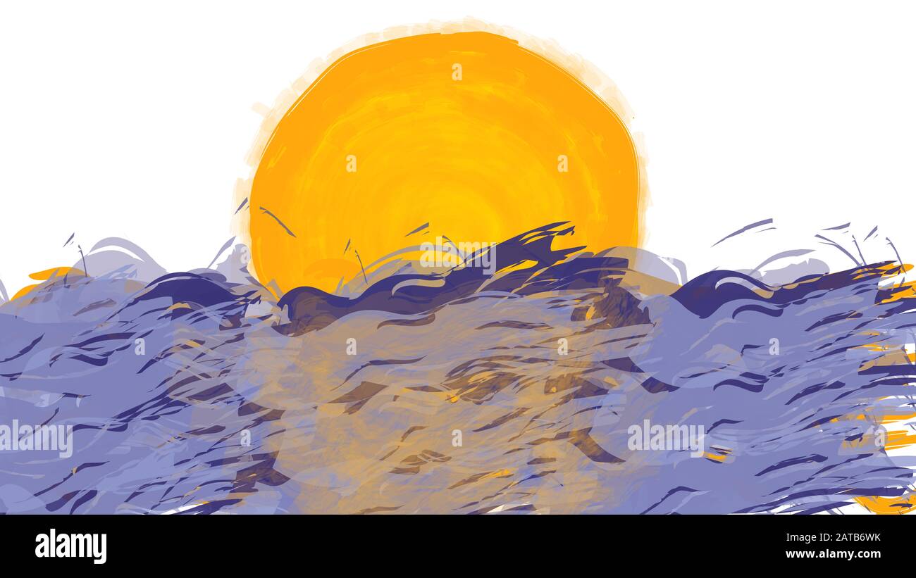 Dessin à la main scène d'été avec soleil mer et sable gai illustration Banque D'Images