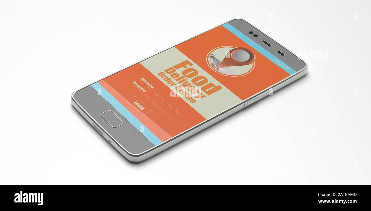 Application de commande et de livraison de nourriture en ligne sur l'écran du téléphone mobile isolée sur fond blanc. Application de service de livraison de commandes alimentaires à emporter. 3 dimensions Banque D'Images