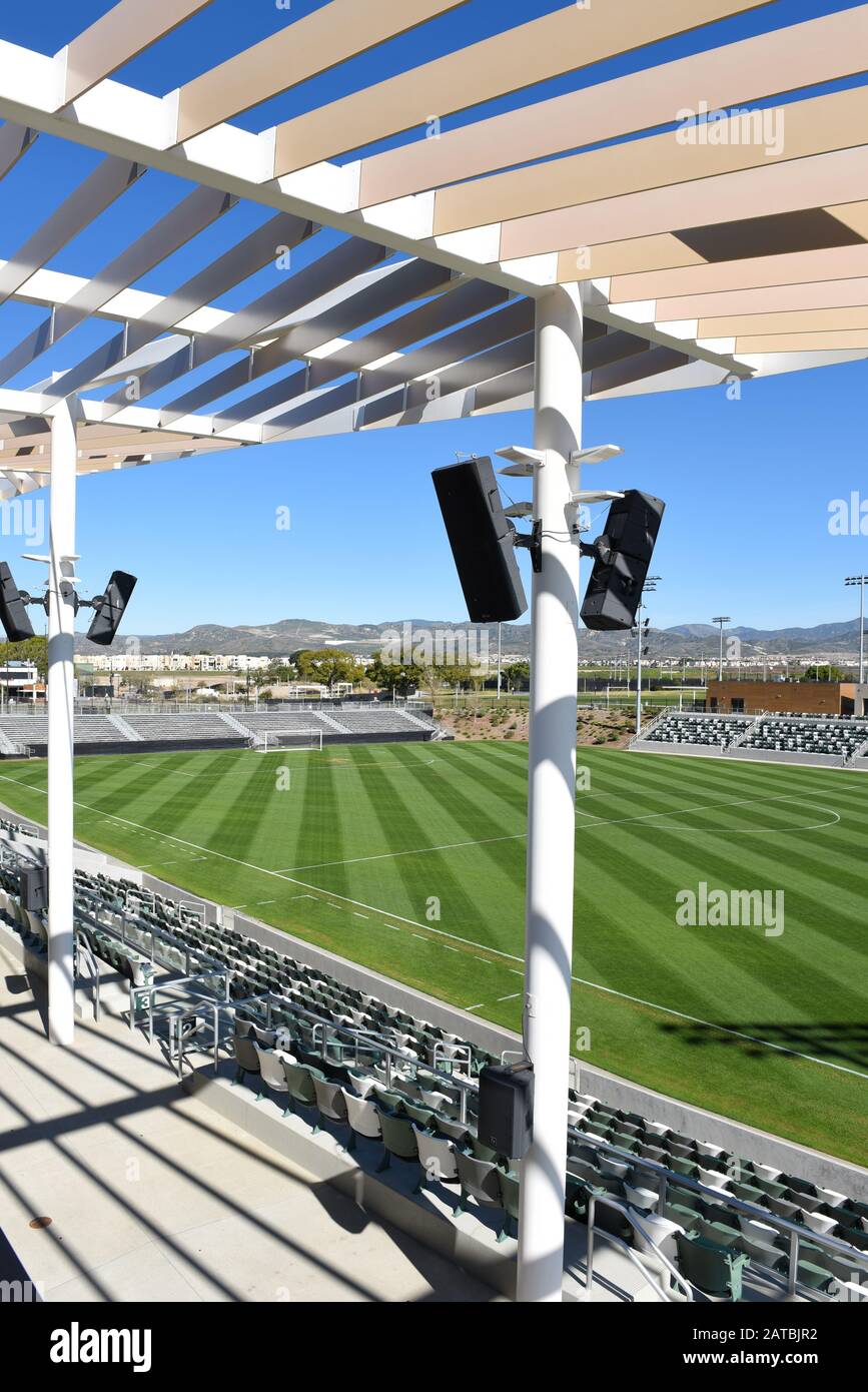 Irvine, CALIFORNIE - 31 JANVIER 2020: Le stade de football de championnat du Grand Parc du comté d'Orange, avec des sièges pour 2 500 spectateurs. Banque D'Images