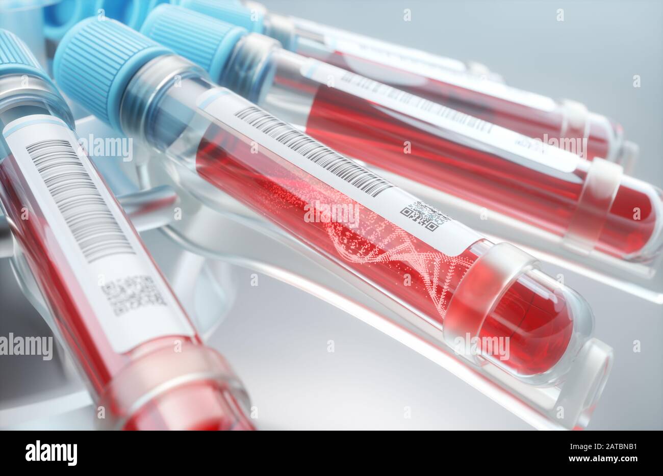 Cellules sanguines, molécule d'ADN formant à l'intérieur du tube à essai. Illustration tridimensionnelle, image conceptuelle de la science et de la technologie. Banque D'Images