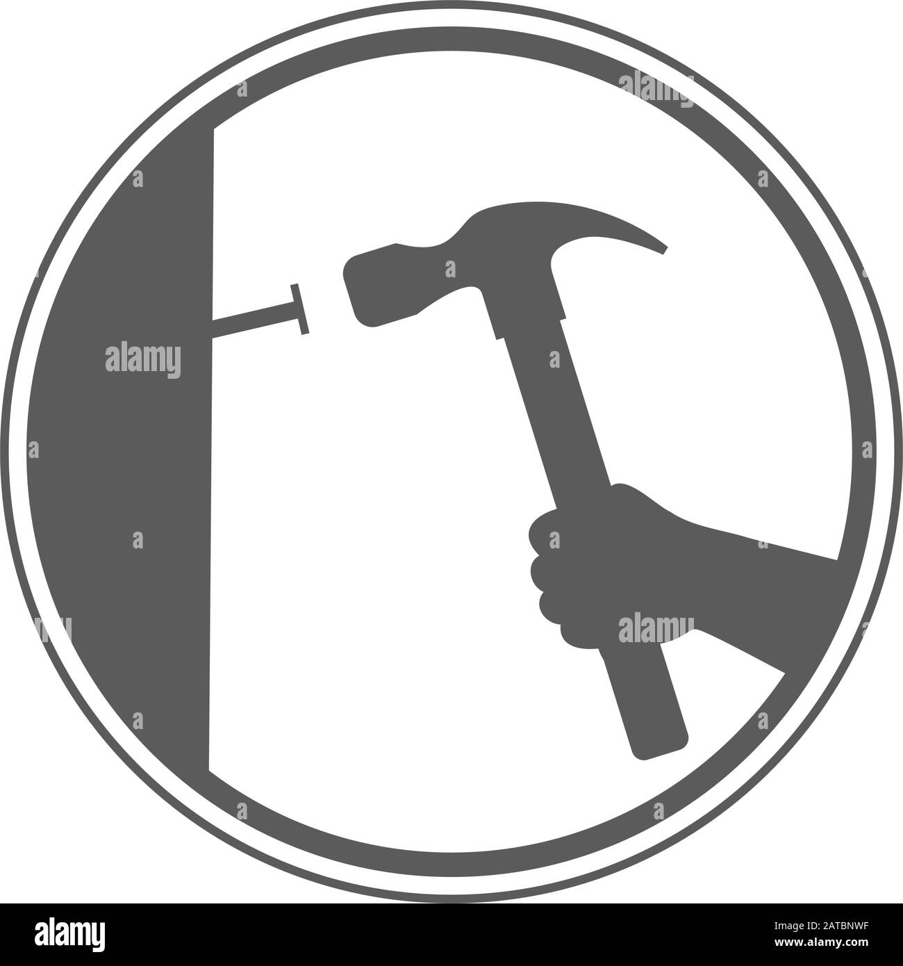 Marteau de maintien des mains avec icône clou sur mur. Main avec marteau à l'illustration en ligne plate, concept vecteur isolé icône. Illustration de Vecteur