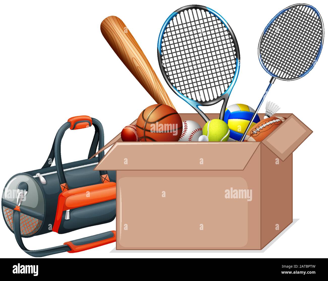 Boîte en carton plein de sport équipements sur fond blanc illustration Illustration de Vecteur