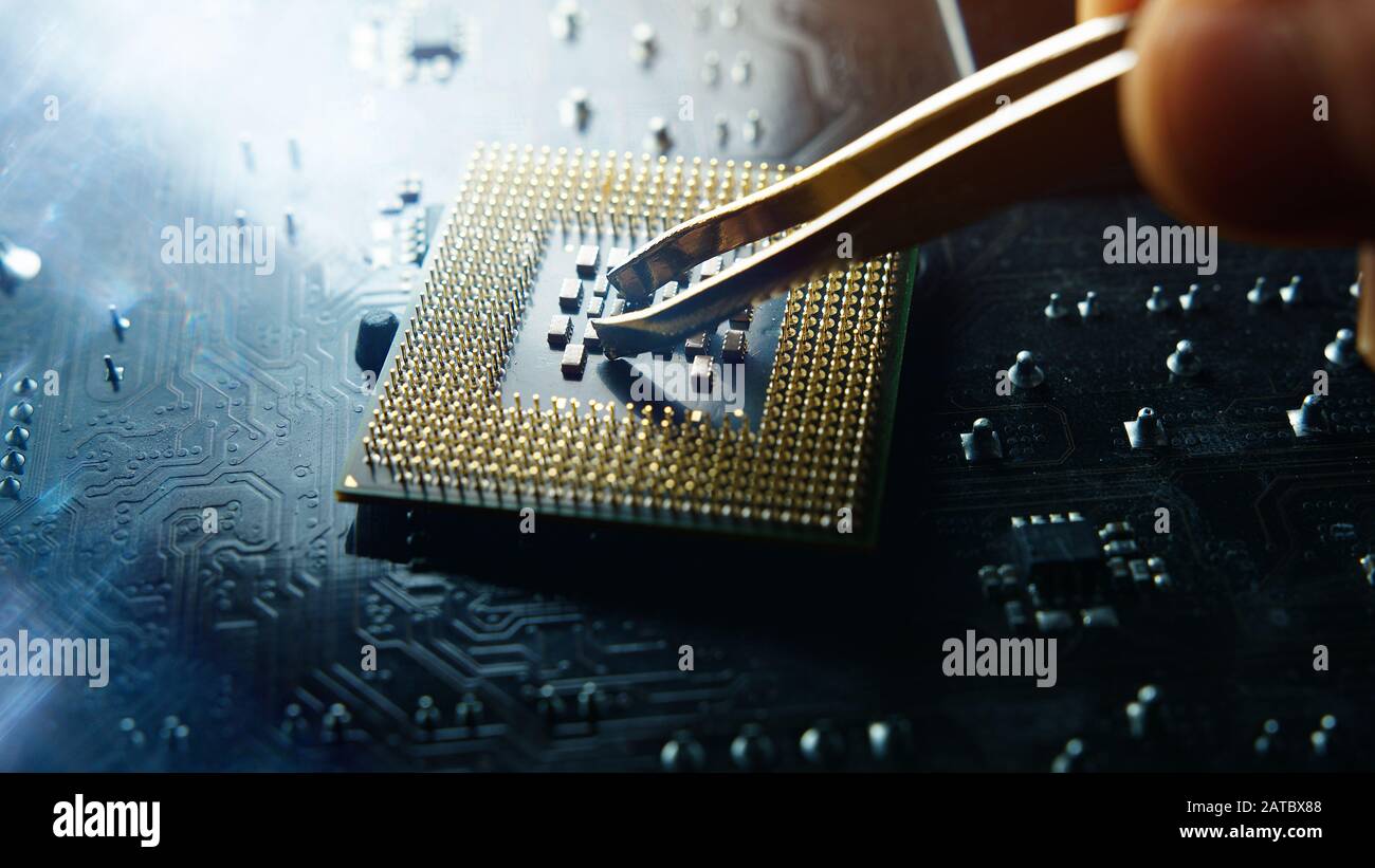 Prise de vue d'une qualité incroyable sur le processeur du processeur. Concept de technologie de fond de carte mère. Qualité et lignes nettes. Banque D'Images