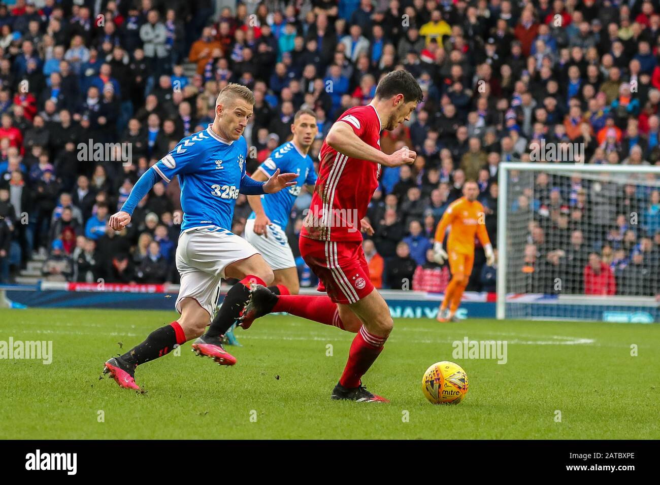 Glasgow, Royaume-Uni. 01 février 2020. Les Rangers FC ont joué à Aberdeen dans le stade de football Ibrox des équipes de Glasgow lors d'un match de la première Ligue écossaise. Les deux derniers jeux entre ces équipes ont abouti à une victoire de 5 - 0 pour les Rangers à Ibrox et à un tirage de 2 - 2 à Pittodrie, le terrain d'origine d'Aberdeen, donc dans les points de ligue c'est un jeu important pour les deux équipes. Le jeu a terminé 0 - 0. Crédit: Findlay/Alay Live News Banque D'Images