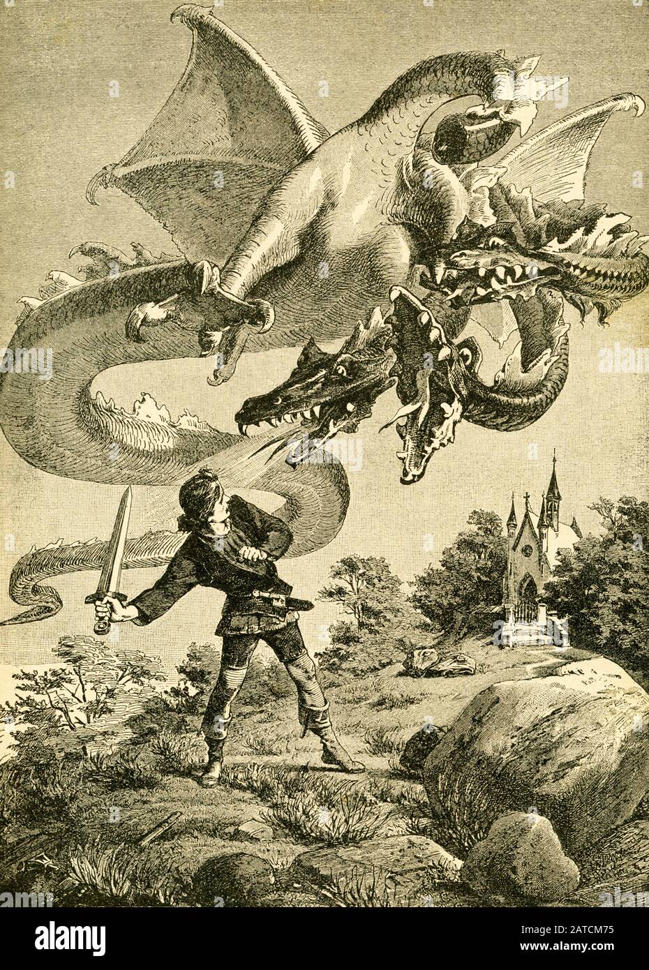 En 1812, les frères Grimm, Jacob et Wilhelm, ont publié des contes pour enfants et des contes de fées allemands. Cette illustration accompagnait le conte Deux frères. Cette image est tirée de Grimms Eventyr (les contes de fées de Grimm) par Carl Ewald, publié en 1922. La frontispiece a les illustrations de Philip Grot Johann et R. Leinweber. Johann était un illustrateur allemand bien connu et fit des pièces pour Goethe, mais il considérait ses pièces pour les contes de Grimm très important. Il est mort jeune et Leinweber lui succède en tant qu'illustrateur pour les éditions ultérieures des contes. Le Tale : frère aîné. L'anime Banque D'Images
