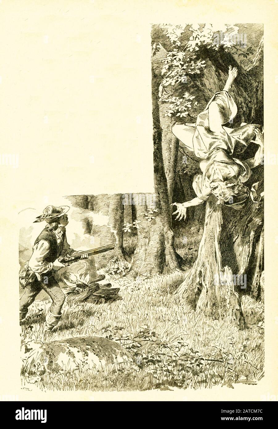 En 1812, les frères Grimm, Jacob et Wilhelm, ont publié des contes pour enfants et des contes de fées allemands. Cette illustration accompagnait le conte Deux frères. Cette image est tirée de Grimms Eventyr (les contes de fées de Grimm) par Carl Ewald, publié en 1922. La frontispiece a les illustrations de Philip Grot Johann et R. Leinweber. Johann était un illustrateur allemand bien connu et fit des pièces pour Goethe, mais il considérait ses pièces pour les contes de Grimm très important. Il est mort jeune et Leinweber lui succède en tant qu'illustrateur pour les éditions ultérieures des contes. Le Tale: Un pauvre homme trouve un golde Banque D'Images