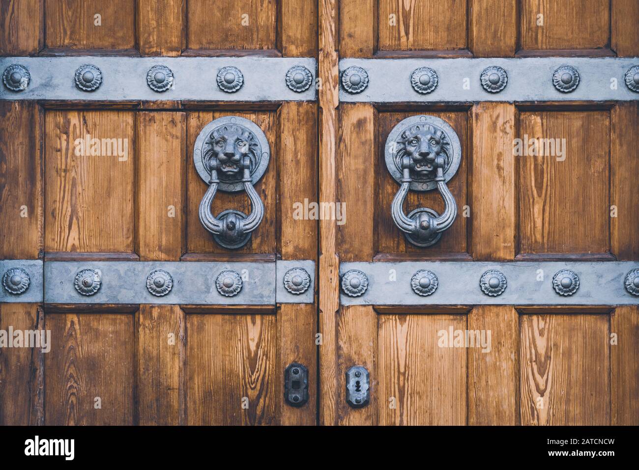 Détail d'une porte en bois antique avec des knockers de lion en fonte Banque D'Images