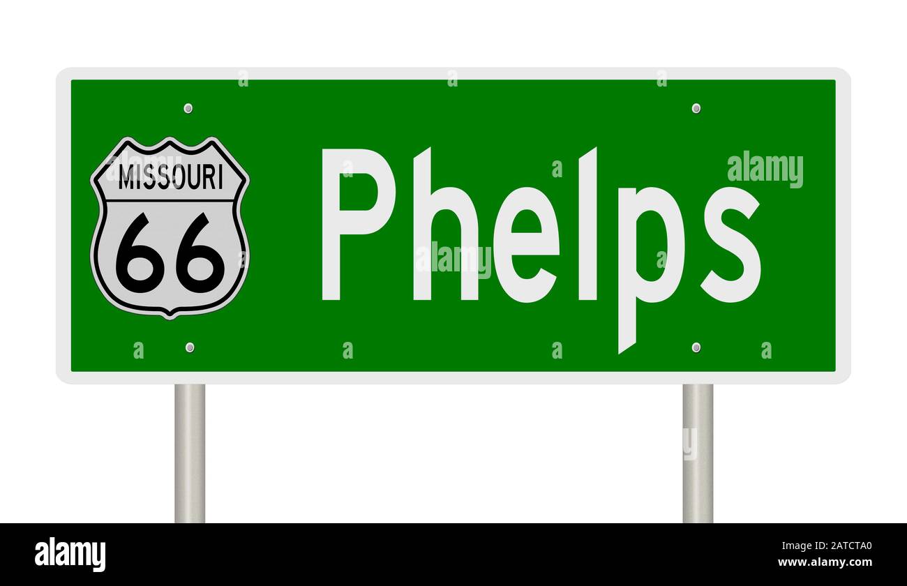 Affichage d'un panneau vert pour Phelps Missouri sur la route 66 Banque D'Images