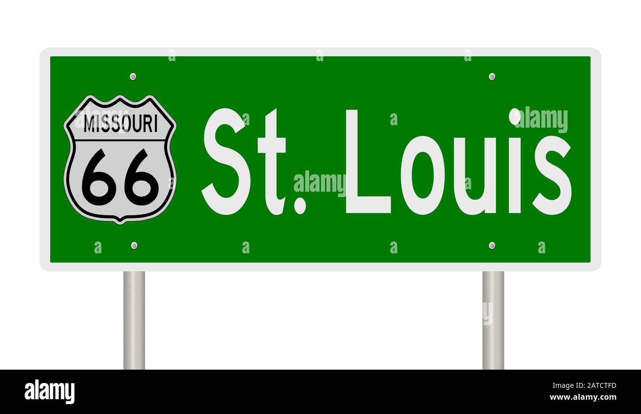 Affichage d'un panneau vert de l'autoroute en relief pour Saint-Louis Missouri sur la route 66 Banque D'Images