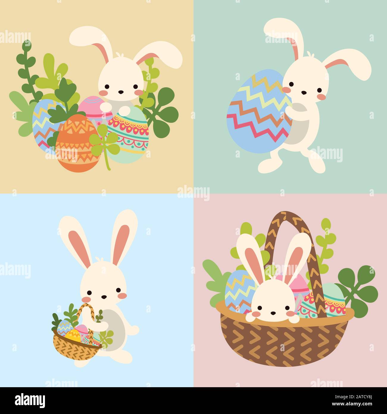 Ensemble de couny de pâques vectoriel avec œufs, fleurs Illustration de Vecteur