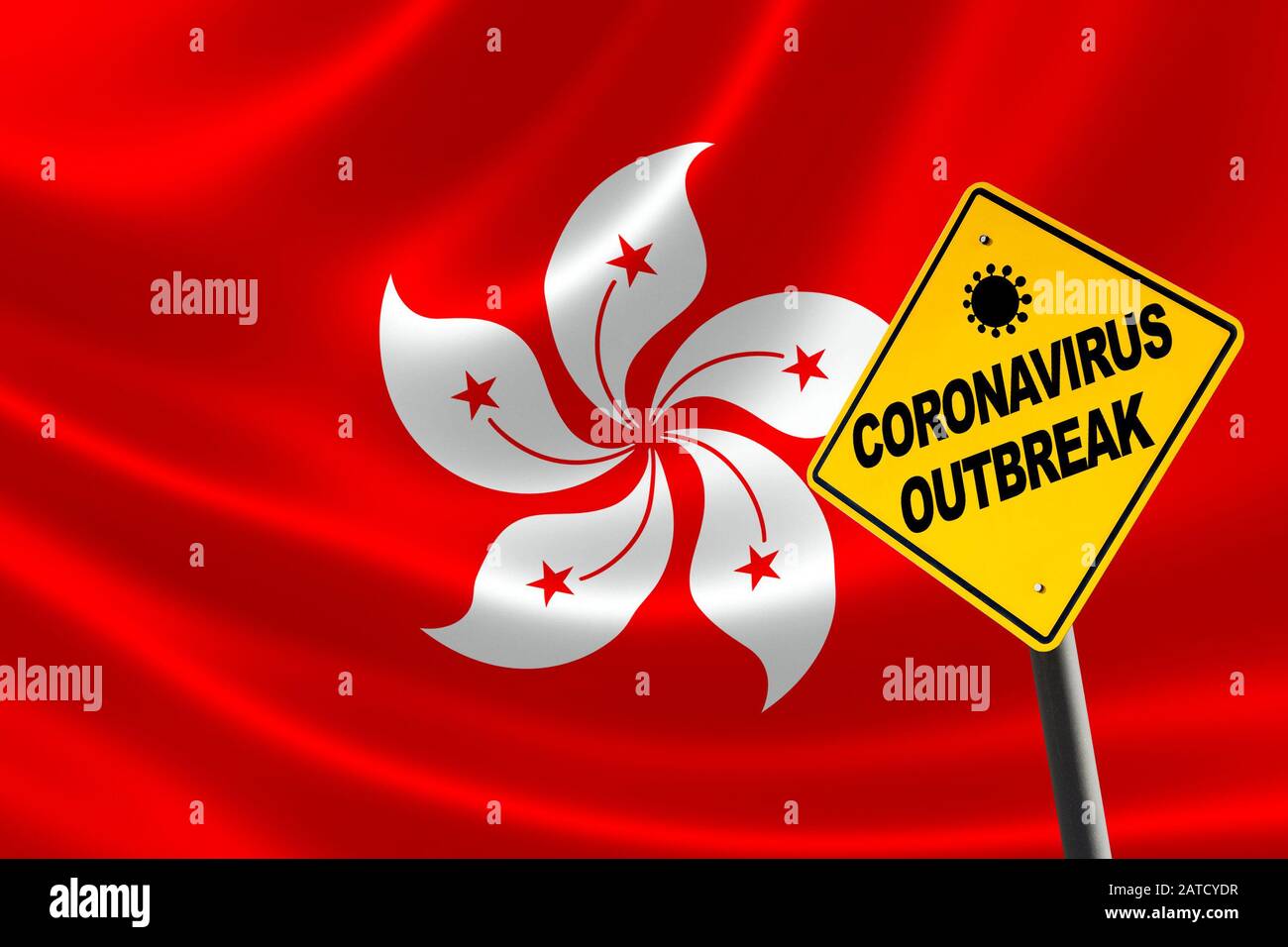 Avertissement de l'éclosion de coronavirus contre un drapeau de Hong Kong avec espace de copie. Concept de cas croissants de Coronavirus à Hong Kong, Chine. Banque D'Images