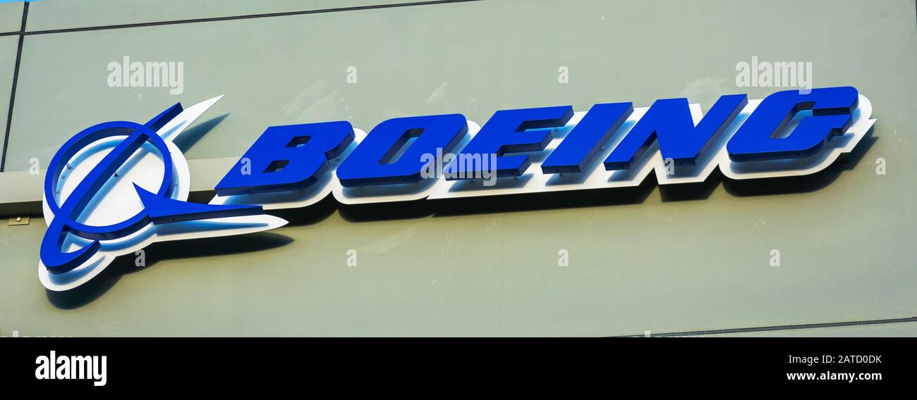 Logo Boeing chez Boeing HorizonX, Boeing Next, immeuble de bureaux Aurora Flight Sciences dans la Silicon Valley - Menlo Park, Californie, États-Unis - 2019 Banque D'Images