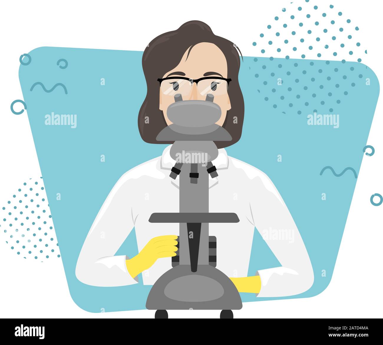 Chimiste biologiste en couche blanche avec microscope en laboratoire. Recherche et invention de vaccins. Maladie virale. Épidémie. Illustration de Vecteur