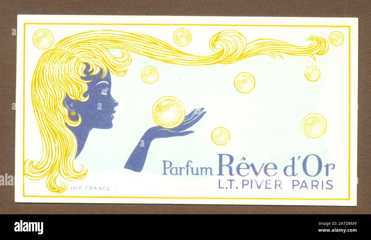 Carte de parfum publicitaire pour la Reve d'Or de L.T.Piver, Paris vers 1905 Banque D'Images