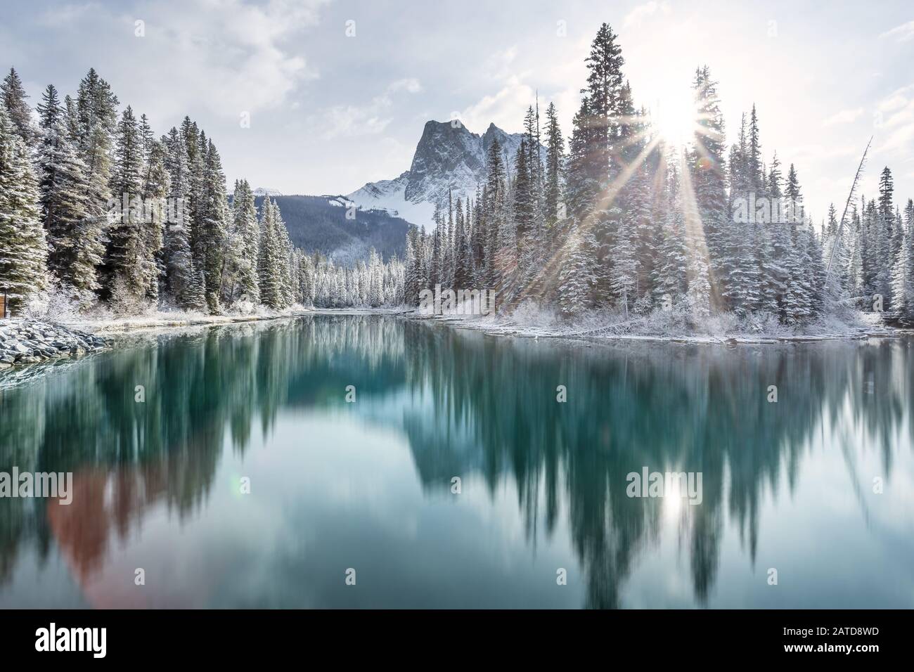 Réflexions sur les forêts et les montagnes dans le lac Emerald, le parc national Banff, en Alberta, au Canada Banque D'Images