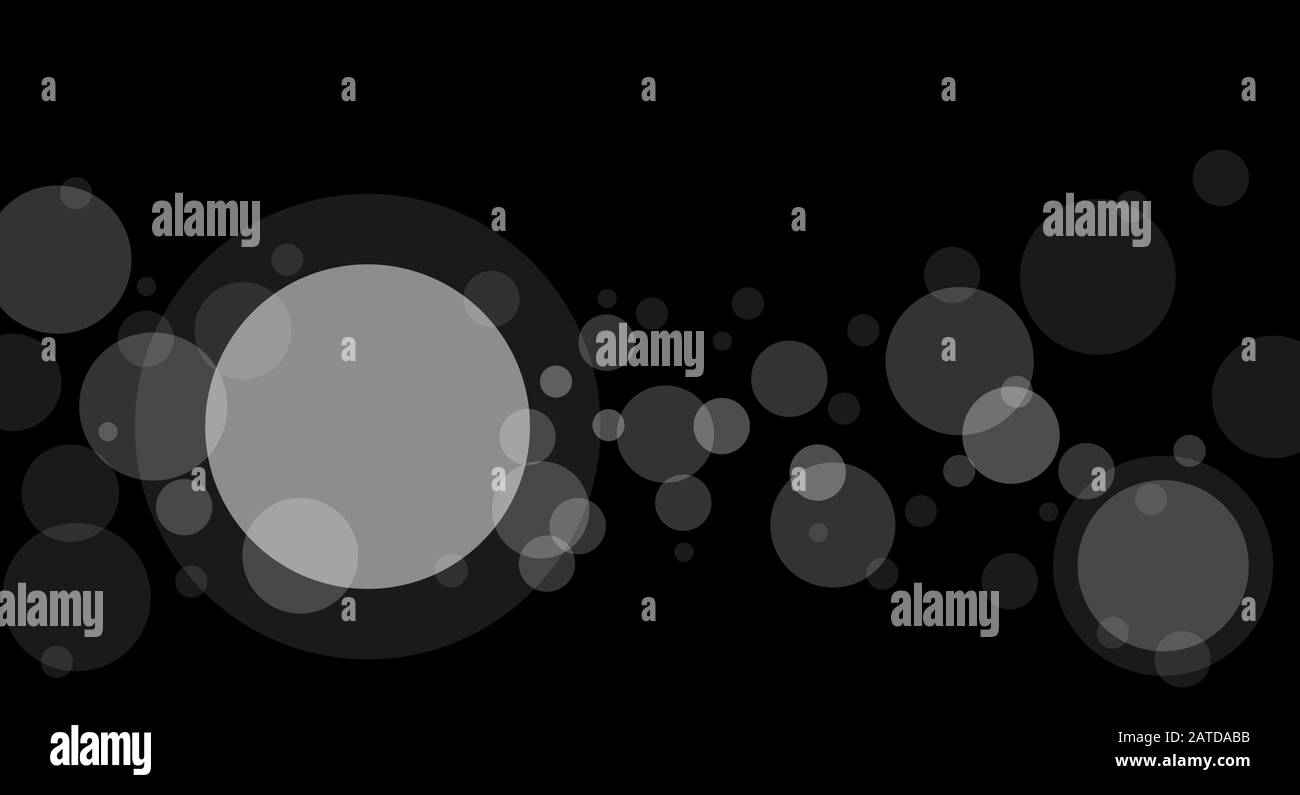 Croisement des cercles transparents fond de superposition abstrait. Bulles blanches placées de manière aléatoire sur le noir et un grand cercle avec de la place pour votre texte ou symboles Illustration de Vecteur