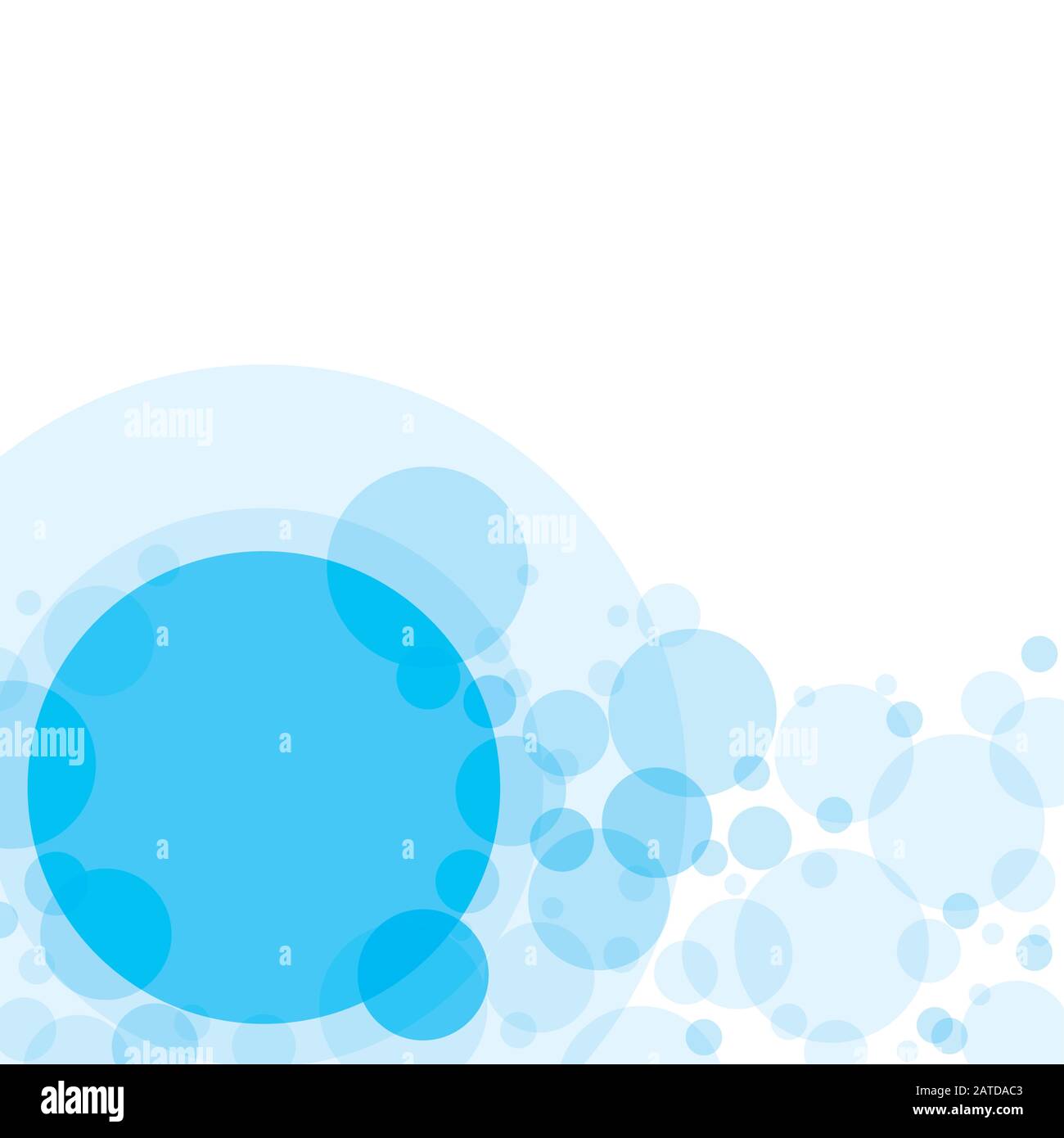 Cercles de croisement transparents arrière-plan abstrait. Bulles bleu ciel placées aléatoirement sur fond blanc et un grand cercle avec de l'espace pour votre texte ou sy Illustration de Vecteur