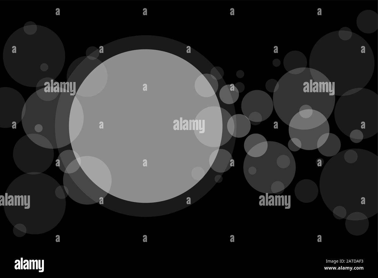 Croisement des cercles transparents fond de superposition abstrait. Bulles blanches placées de manière aléatoire sur le noir et un grand cercle avec de la place pour votre texte ou symboles Illustration de Vecteur
