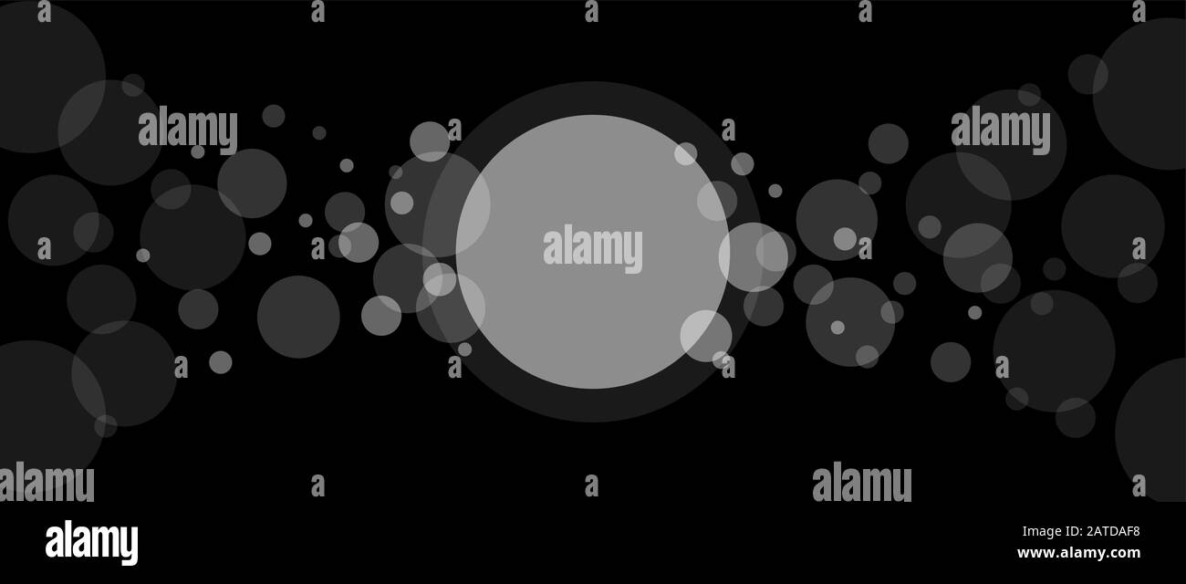 Croisement des cercles transparents fond de superposition abstrait. Bulles blanches placées de manière aléatoire sur le noir et un grand cercle avec de la place pour votre texte ou symboles Illustration de Vecteur