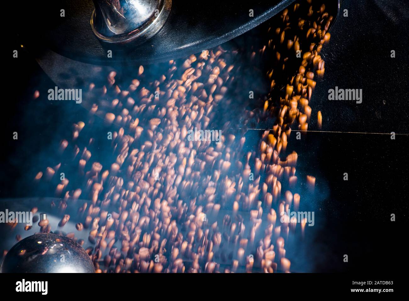 Grains de café fraîchement torréfiés versés à partir de la machine à rôtir Banque D'Images