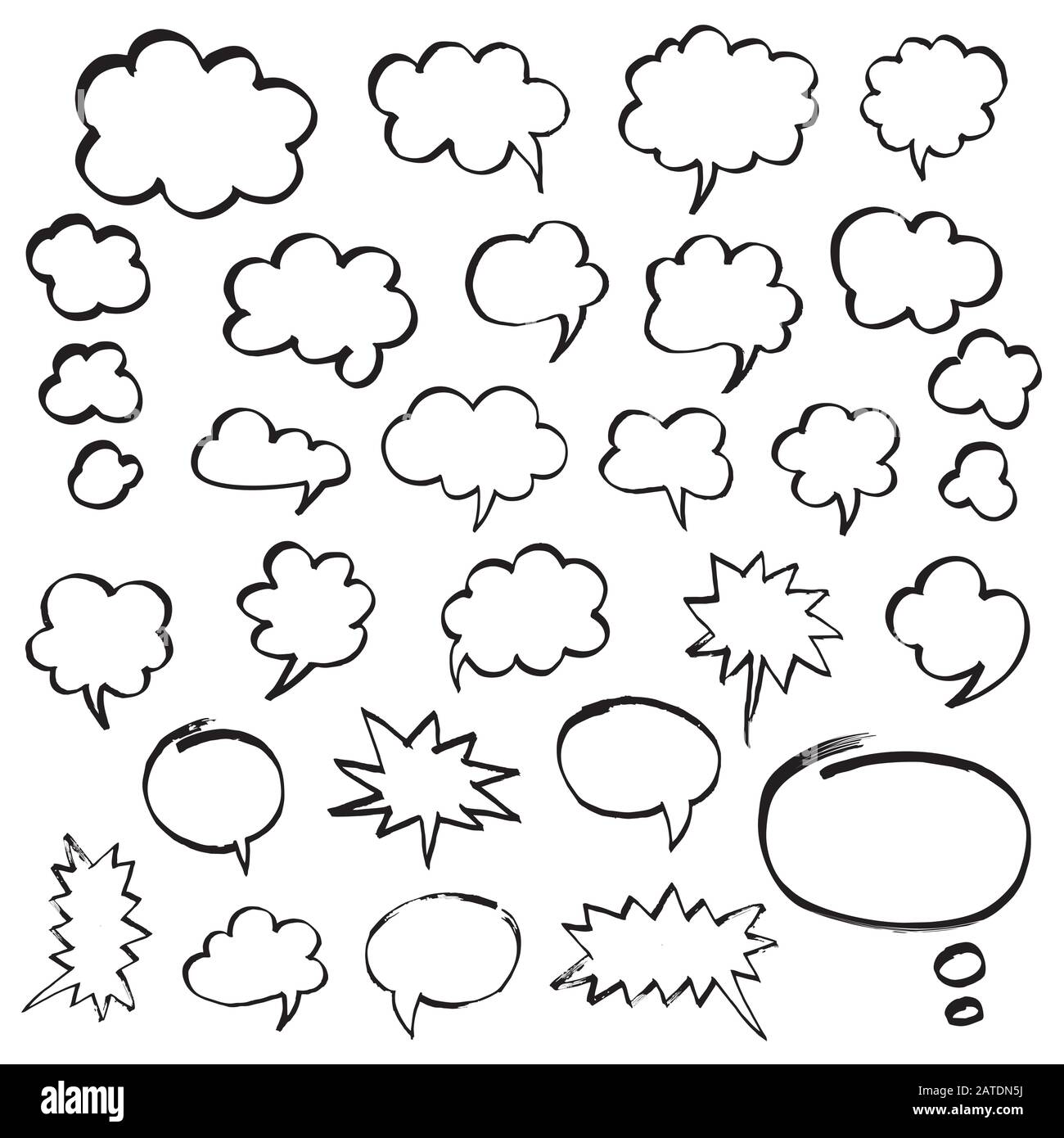 Ensemble de bulles de parole et de nuages de pensée. Formes noires isolées sur blanc. Dessiné à la main par des symboles vectoriels en feutre dans les eps8. Illustration de Vecteur