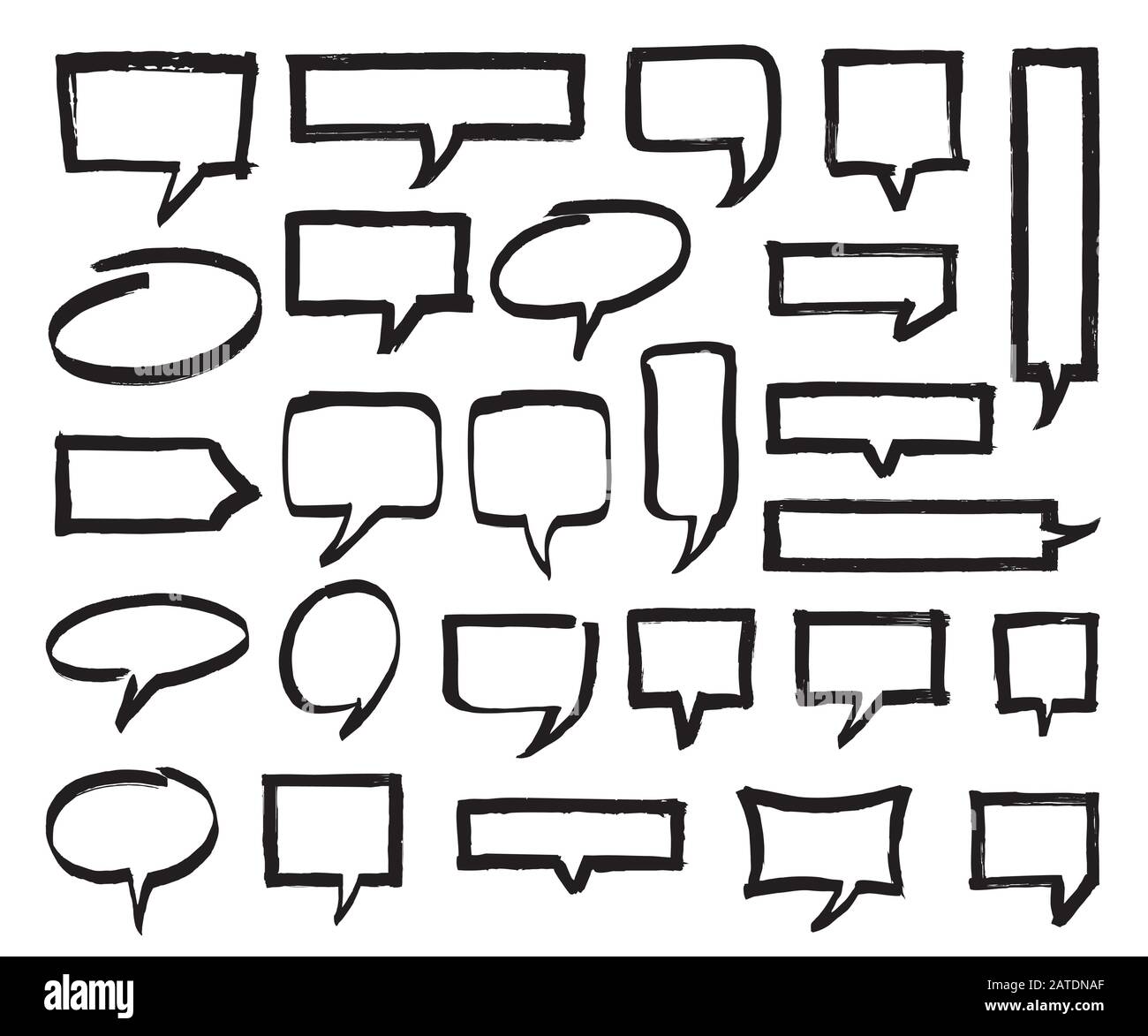 Ensemble de bulles de parole de marqueur, de repères et de pointeurs. Formes de surligneur noir isolées sur blanc. Dessiné à la main par des symboles vectoriels en feutre dans les eps8. Illustration de Vecteur