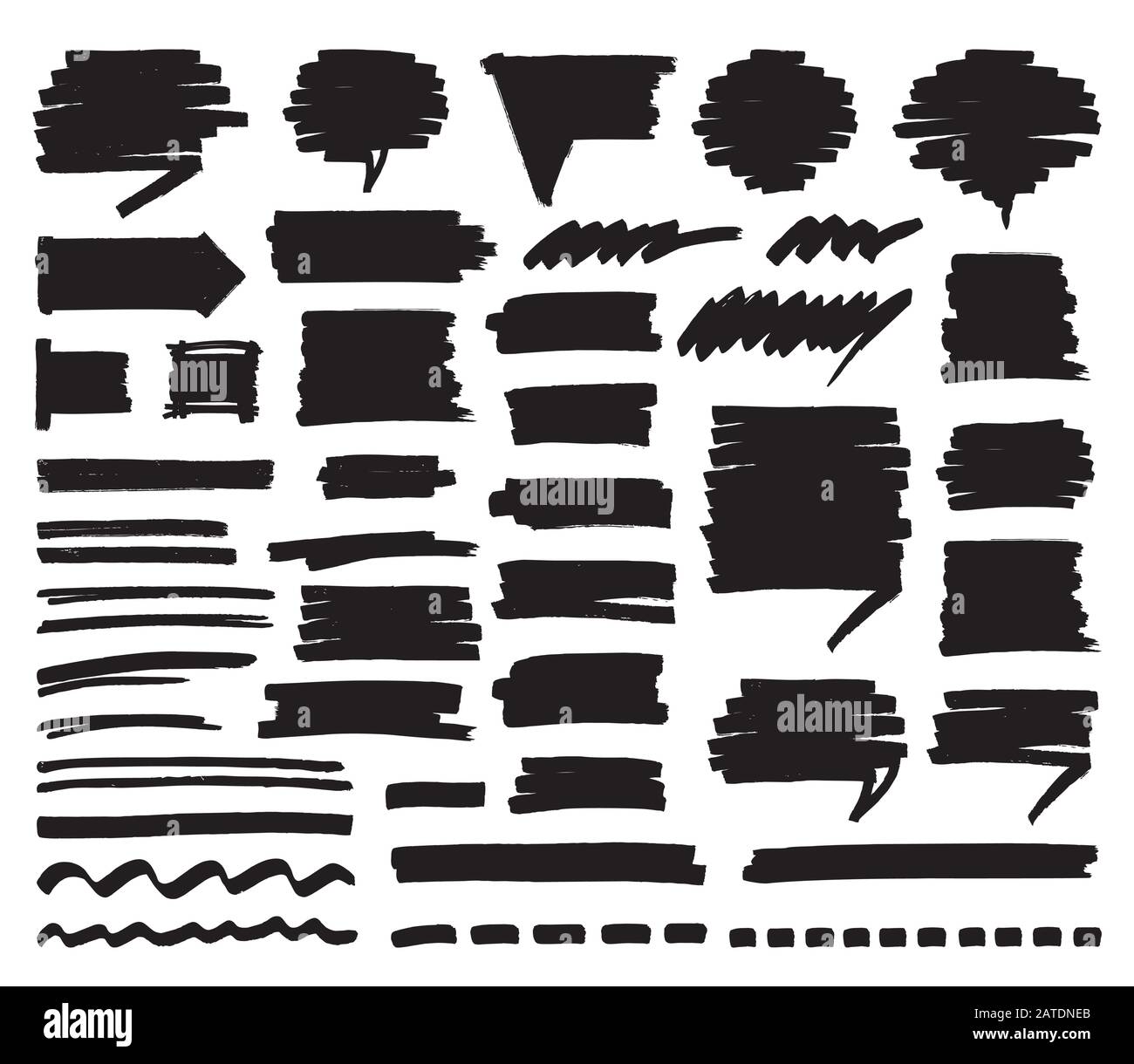 Ensemble de bandes de marquage noires, de traits, de bulles de voix ombrées et de lignes isolées en blanc. Dessiné à la main par des symboles vectoriels en feutre dans les eps8. Illustration de Vecteur