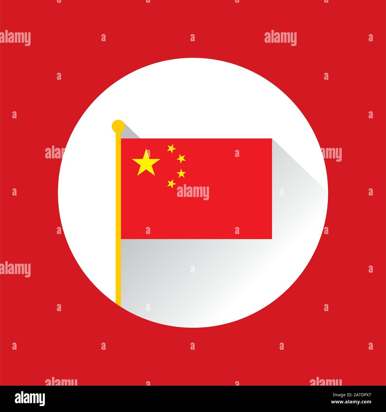 Drapeau de la République populaire de Chine sur le flagpole. La bannière rouge chargée dans le canton avec cinq étoiles d'or. Icône Cercle. Illustration vectorielle dans ep Illustration de Vecteur