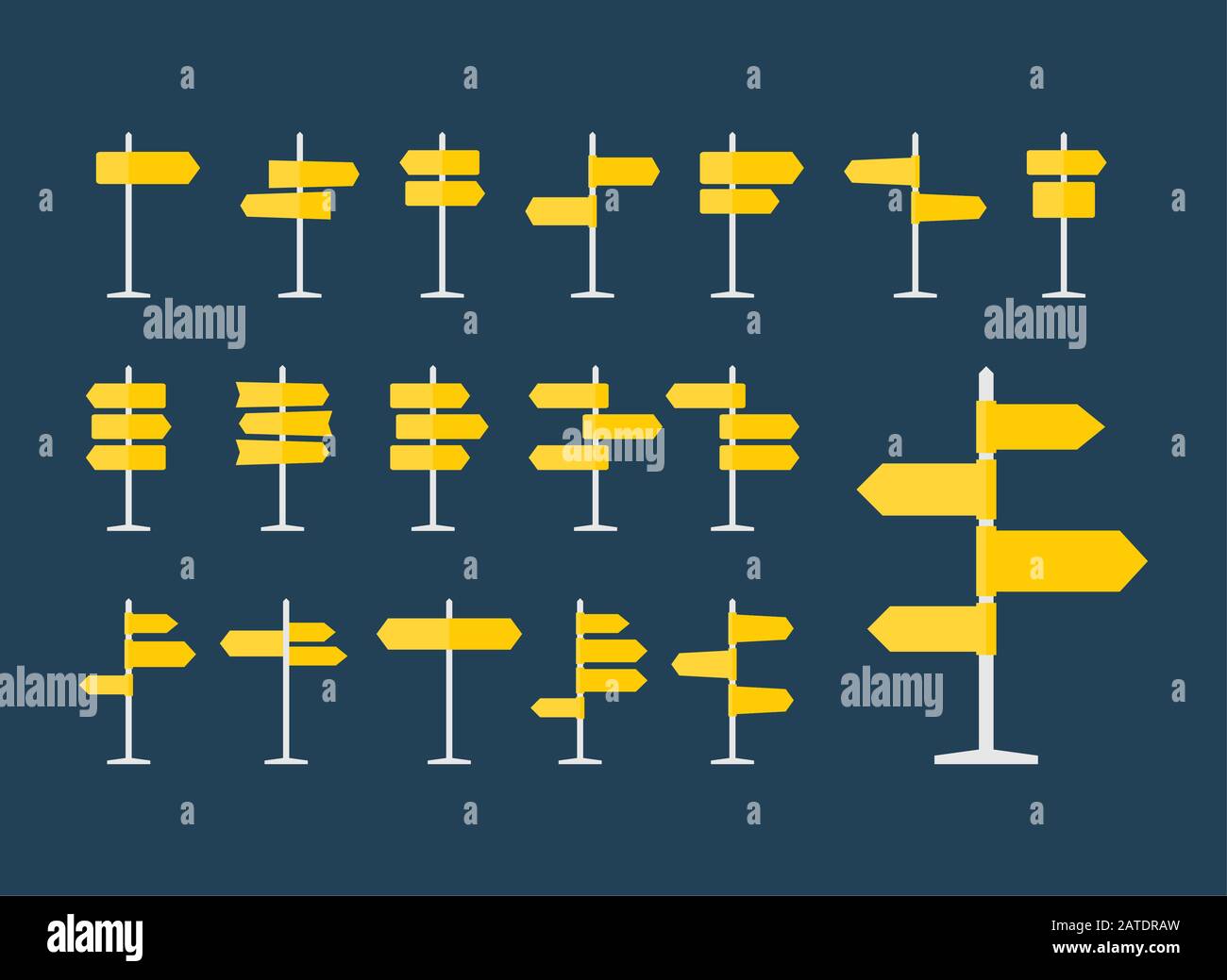 Jeu de 18 panneaux de signalisation et de pointeurs plats icônes. Signpost sur pilier en couleur jaune. Modèle vide avec espace vide pour le texte de navigation ou de guide. Clea Illustration de Vecteur