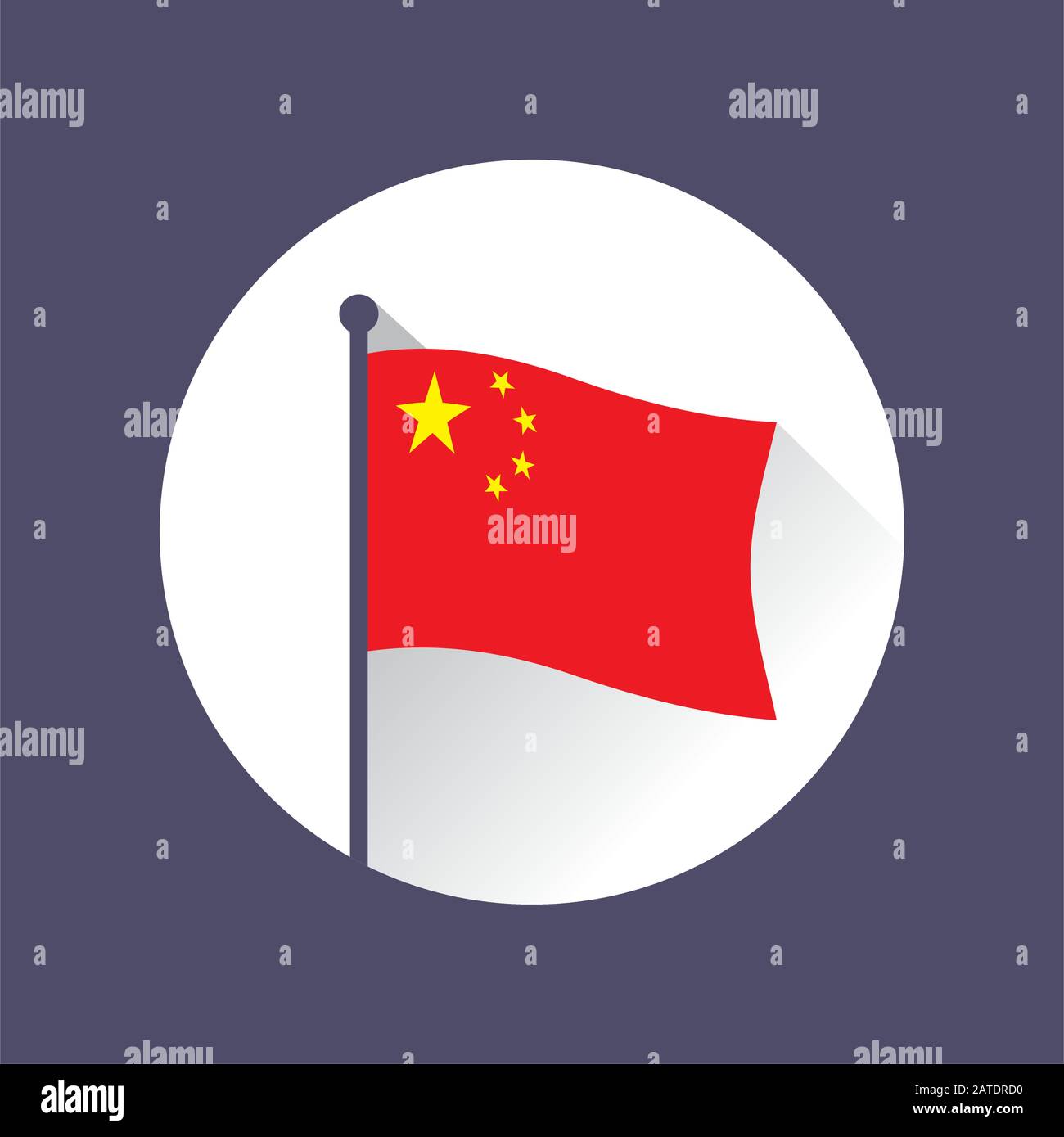 Drapeau de la République populaire de Chine sur le flagpole. La bannière rouge de spéléologie chargée dans le canton avec cinq étoiles d'or. Icône Cercle. Illustration vectorielle dans Illustration de Vecteur